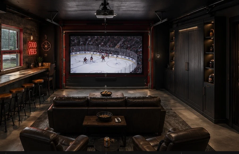 The Press Box industrial sports lounge with projector screen, bar and leather seating