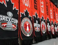 Grey Cup fan banners and merchandise on display